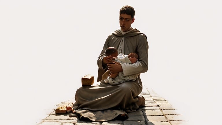 Prompt: Create a high definition image that refers to Saint Anthony of Padua, walking down a street in Padua, holding baby Jesus on his lap and giving a loaf of bread and a glass of water to a man who is sitting on the ground in the street.