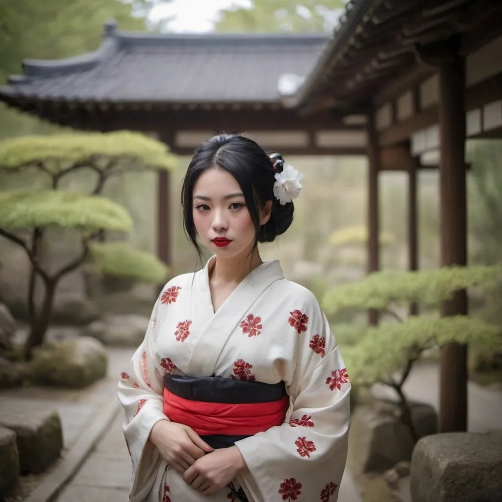 Prompt: beautiful young japanese woman, wearing kimono, visible bare shoulders, geisha style black hair, open eyes, no make-up, red lipstick, looking at me, standing front faced in a japanese zen garden, no face paint.