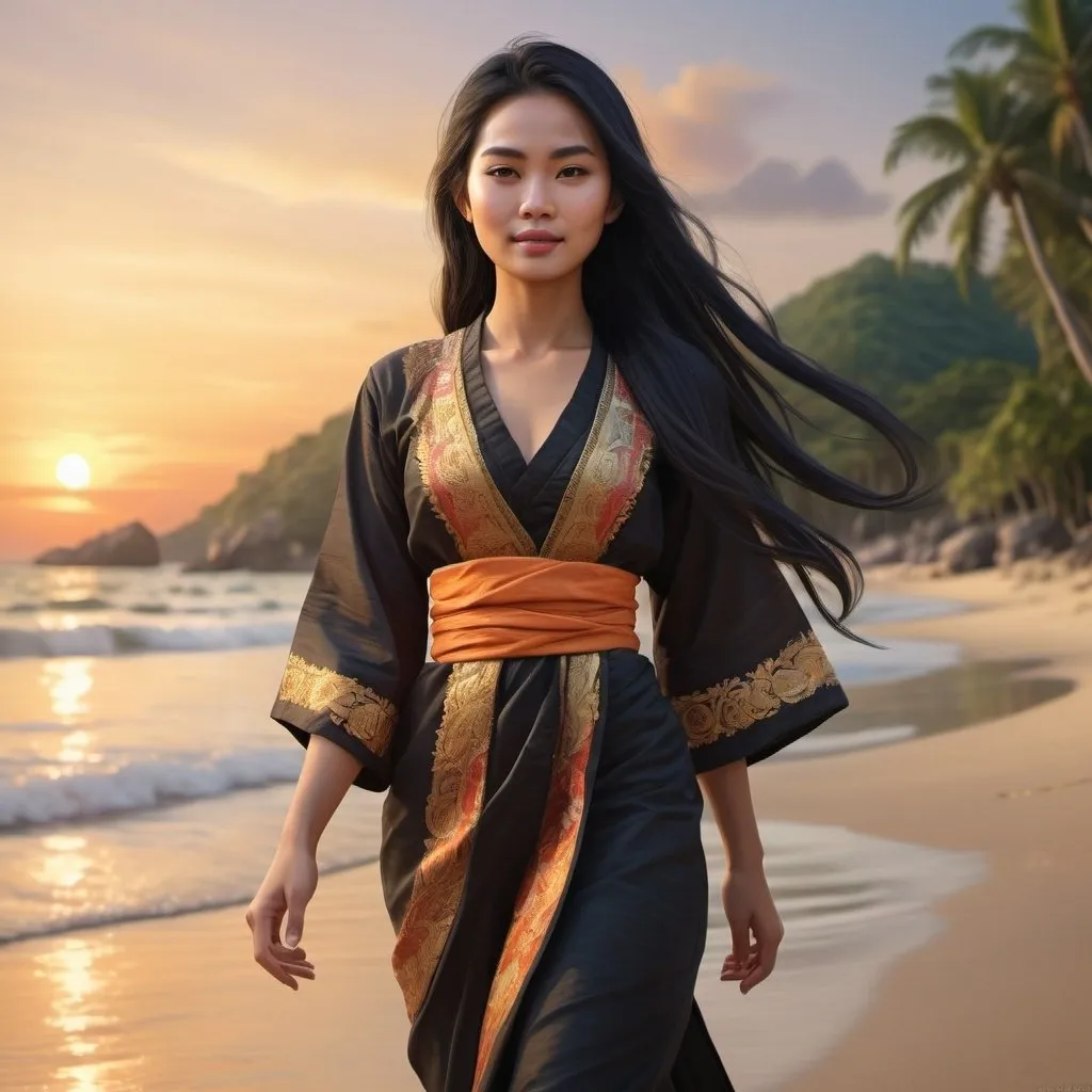 Prompt: ultra realistic, young Thai woman with long flowing black hair in a traditional thai dress walking on the beach at sunset, warm, realistic digital painting, detailed facial features, high quality, beach sunset, detailed hair, full body view, tropical beach, professional lighting