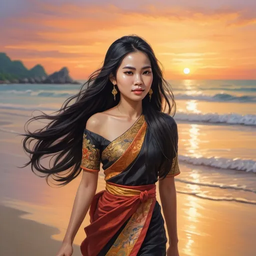 Prompt: Young Thai woman with long flowing black hair in a traditional thai dress walking on the beach at sunset, warm, realistic digital painting, detailed facial features, high quality, vibrant colors, beach sunset, realistic style, detailed hair, tranquil atmosphere, tropical beach, professional lighting