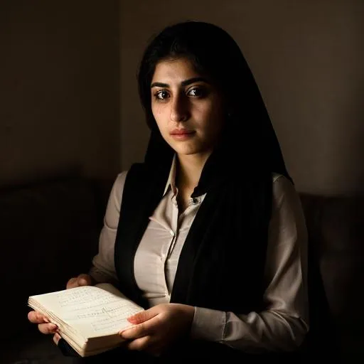 Prompt: A portrait of a beautiful Iraqi woman, 25 years old, with sadness in her eyes as she clutches onto her diary. Limited light source and set in Iraq. 