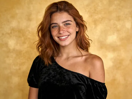 Prompt: 25 y.o girl  freckles and gingery brown hair, she is Turkish and tanned 
she is wearing an open shoulder black top 