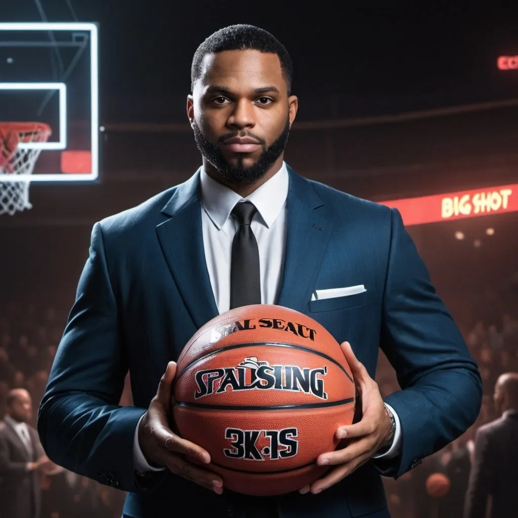 Prompt: a man in a suit holding a basketball ball and a sign that says big shot on it's side, Cedric Seaut (Keos Masons), sots art, key art, concept art