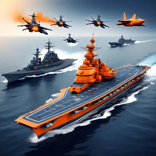 Prompt: Modern promotional gaming advertisement, naval warfare mobile game bot automation tool, blue and orange color scheme, professional graphic design, high-quality marketing material, featuring battleships and aircraft carriers, minimalist icons, clean typography, Facebook post style, --ar 16:9 --stylize 1000 --chaos 5 --quality 2