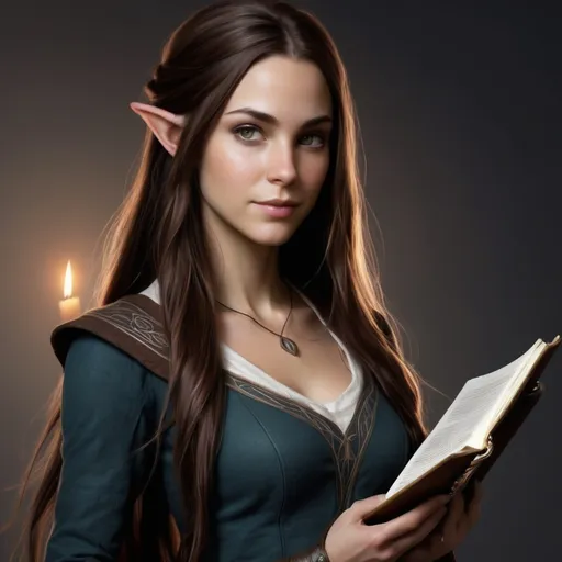 Prompt: Aria is 37 year old elf. She has long brown hair. She is deeply connected to the fabric of the universe. She is highly spiritual and has innate healing powers. She is from Darkmeadow, a city underground like the Dauntless in Divergent. She is studying to be a Mind Mender. She carries a notebook with her spells and class notes