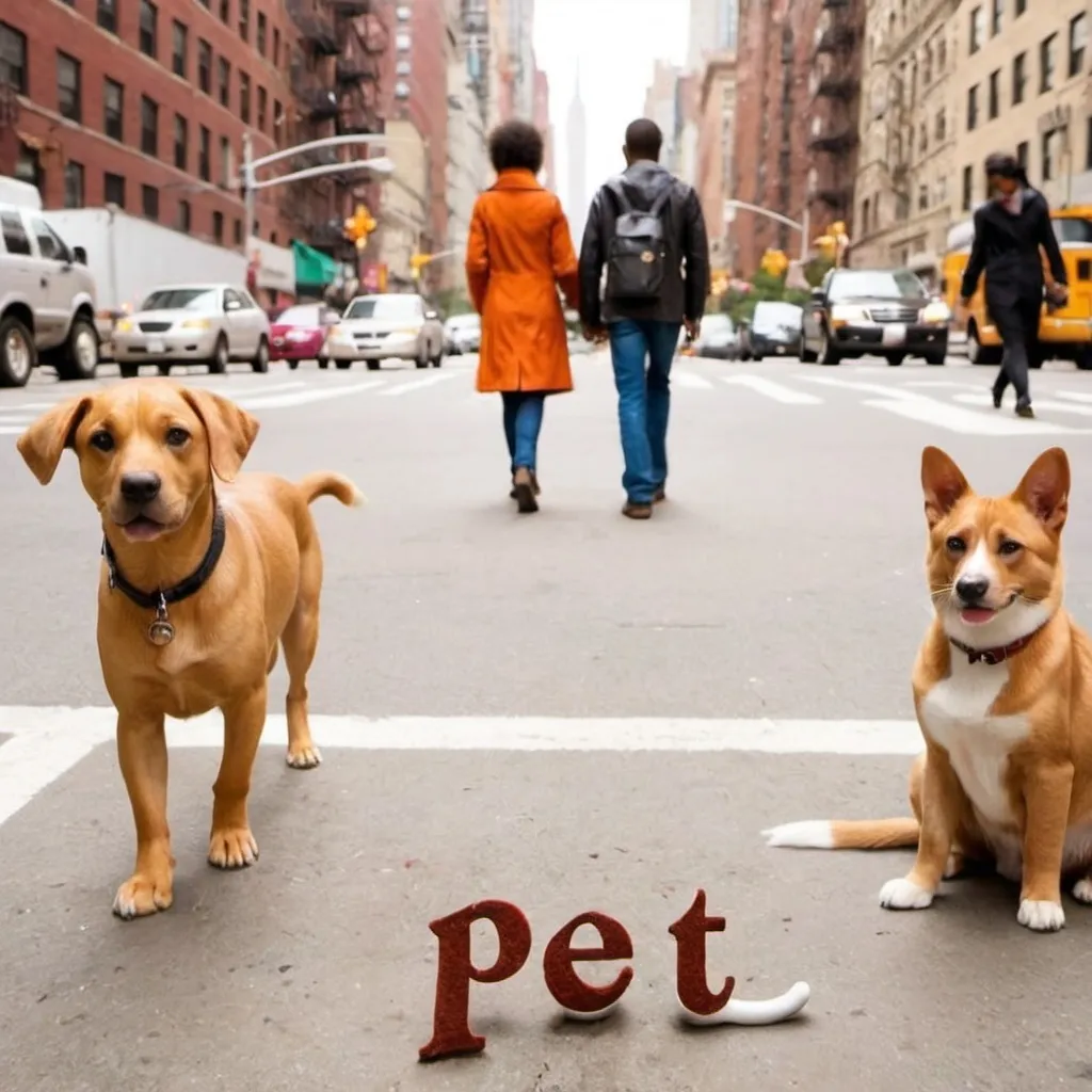 Prompt: some pet walking in the street in newyork city and write "pet city"