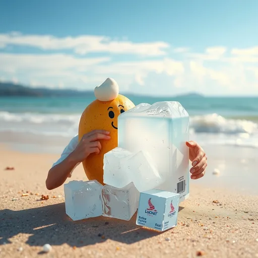 Prompt: potato eats ice cube at the beach with ultra realistic 