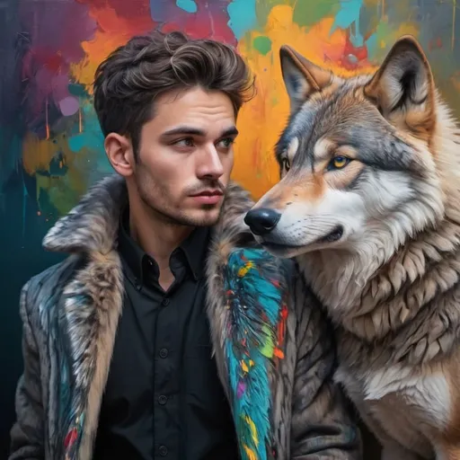 Prompt: Cute man dressed in wolf coat, vibrant paint art, expressive gaze, high quality, vibrant colors, direct eye contact