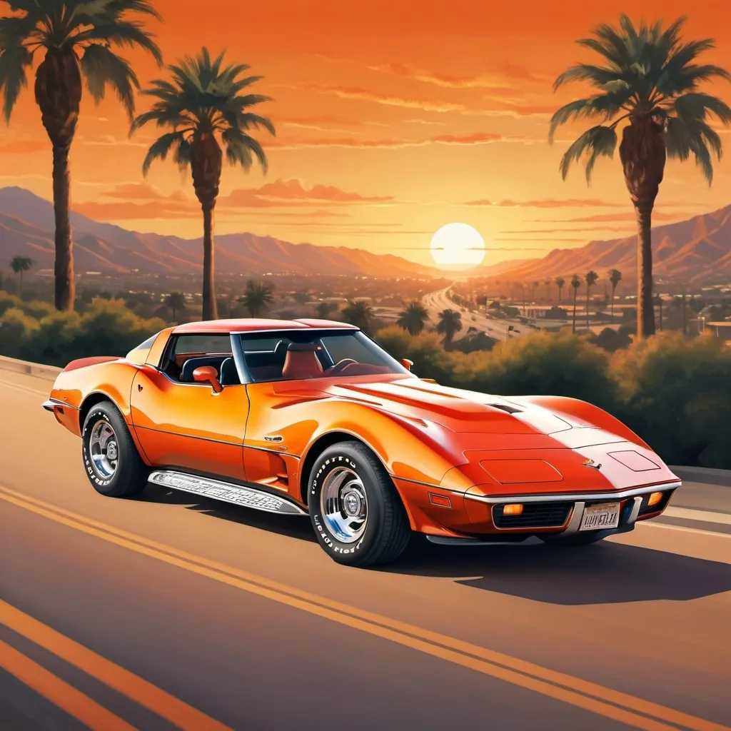 Prompt: a vintage illustration of a 1978 Corvette speeding down a California freeway in the style of a movie poster
