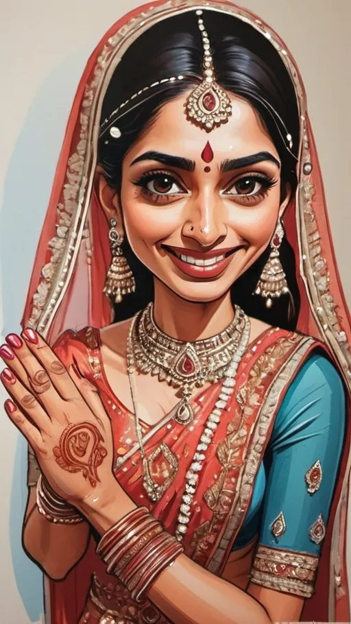 Prompt: A caricature of a beloved female as animated indian bride
