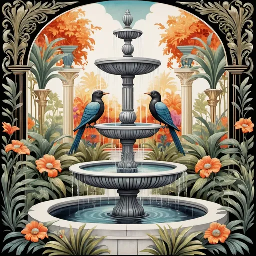 Prompt: Art deco garden, art deco painting, lush colorful garden, intricate geometric patterns, vibrant and dramatic colors, stylized foliage and flora, elegant fountains, ornate details, golden accents, sophisticated and sumptuous atmosphere, vintage but timeless design, high detail, rich textures, ornamental background elements, balanced symmetry, ultra-detailed, masterpiece, monotone, black, white, bird, sculpture