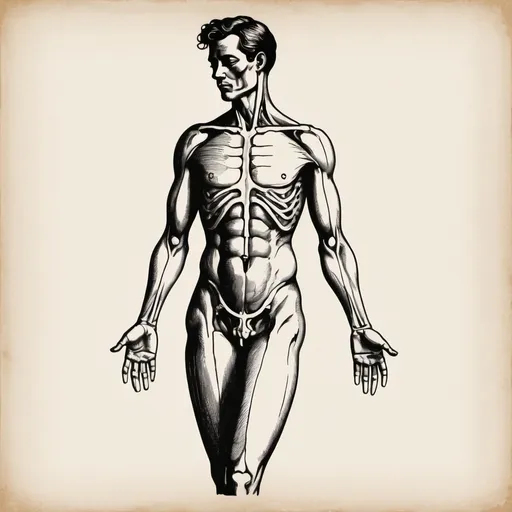 Prompt: Vintage clipart drawing of a human body, black and white, ink drawing, in minimalistic style