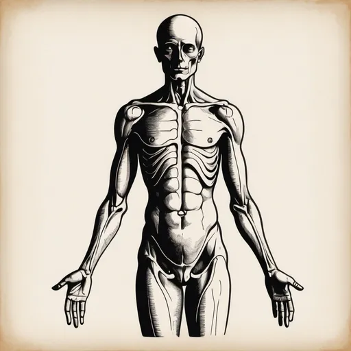 Prompt: Vintage clipart drawing of a human body, black and white, ink drawing, in minimalistic style