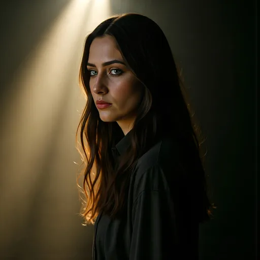 Prompt: @dX08Fp1Hcu6MggKuVP4Y Square album cover artwork, cinematic and emotionally grounded. A photorealistic portrait of Lyra as a quiet human presence, not performing. She is shown from the shoulders up, turned slightly away from the camera,  eyes gently looking down and away from the camera, calm and reflective. She wears simple, dark, minimal clothing in matte black or charcoal tones with no logos or ornamentation, understated and timeless. Soft diffused pale-gold light beams behind or beside her through subtle haze, symbolizing guidance and hope. Dark minimal background with gentle light spill, soft bloom, and fine cinematic grain. Realistic skin texture, natural expression, emotional realism, quiet strength. No neon, no lasers, no dramatic pose, no spectacle. Timeless, minimal, atmospheric, and deeply human. High-end cinematic lighting, shallow depth of field, soft diffusion, album cover art aesthetic.