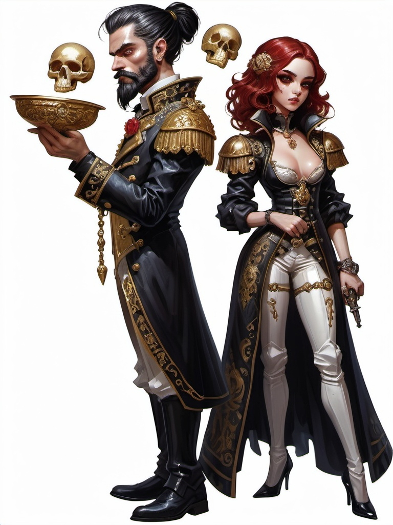 Prompt: (full-body) oil painting of male and female gnome Warhammer 40k noble in ornate well-appointed royal palace, dark moody atmospheric lighting, dark gothic fantasy architecture, , highly detailed background, dark gritty tones, highly detailed, professional illustration, painted, art, painterly, impressionist brushwork, the man has a thick black styled hair, spiked hair, black hair, black beard, medium black styled beard, middle 30ties ((piercing brown eyes)), the girls has a woman face and red hair, a treatening pose and is holding a dagger in one hand and a pistol in the other hand. The man holds a skull in hes hand and is looing at it in a Shakespearean way. dark rich wood, ornate columns, intricate marble flooring, high detailed background, professional, warhammer 40k imperium of man, wh40k, imperial palace, imperium of man aquila decoration, ornate posh royal noble clothes, (ruffled white dress shirt), intricate embroidered black-and-gold cravat necktie, fancy ((black fur mantle) with animal head), ornate noble's black (great-cloak), fancy ornate jeweled rings, fancy gold coat-of-arms (brooch), intricately embroidered (red waistcoat), ornate fancy noble's (trench-coat), (Valeriy Vegera art style), ((highly detailed facial features)), royal epic stately standing pose, ornate fancy gold jeweled rings on fingers, 