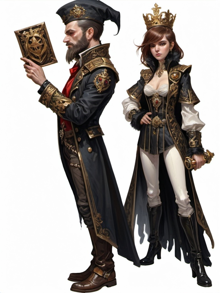 Prompt: (full-body) oil painting of male and female gnome Warhammer 40k noble in ornate well-appointed royal palace, dark moody atmospheric lighting, dark gothic fantasy architecture, , highly detailed background, dark gritty tones, highly detailed, professional illustration, painted, art, painterly, impressionist brushwork, thick brown styled hair, full brown styled beard, ((piercing brown eyes)), dark rich wood, ornate columns, intricate marble flooring, high detailed background, professional, warhammer 40k imperium of man, wh40k, imperial palace, imperium of man aquila decoration, ornate posh royal noble clothes, (ruffled white dress shirt), intricate embroidered black-and-gold cravat necktie, fancy ((black fur mantle) with animal head), ornate noble's black (great-cloak), fancy ornate jeweled rings, fancy gold coat-of-arms (brooch), intricately embroidered (red waistcoat), ornate fancy noble's (trench-coat), (Valeriy Vegera art style), ((highly detailed facial features)), royal epic stately standing pose, ornate fancy gold jeweled rings on fingers, 