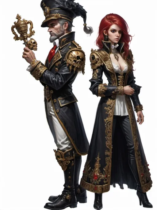 Prompt: (full-body) oil painting of male and female gnome Warhammer 40k noble in ornate well-appointed royal palace, dark moody atmospheric lighting, dark gothic fantasy architecture, , highly detailed background, dark gritty tones, highly detailed, professional illustration, painted, art, painterly, impressionist brushwork, the man has a thick black styled hair, medium black styled beard, middle 30ties ((piercing brown eyes)), the girls has a woman face and red hair, a treatening pose and is holding a dagger in one hand and a pistol in the other hand. The man holds a skull in hes hand and is looing at it in a Shakespearean way. dark rich wood, ornate columns, intricate marble flooring, high detailed background, professional, warhammer 40k imperium of man, wh40k, imperial palace, imperium of man aquila decoration, ornate posh royal noble clothes, (ruffled white dress shirt), intricate embroidered black-and-gold cravat necktie, fancy ((black fur mantle) with animal head), ornate noble's black (great-cloak), fancy ornate jeweled rings, fancy gold coat-of-arms (brooch), intricately embroidered (red waistcoat), ornate fancy noble's (trench-coat), (Valeriy Vegera art style), ((highly detailed facial features)), royal epic stately standing pose, ornate fancy gold jeweled rings on fingers, 