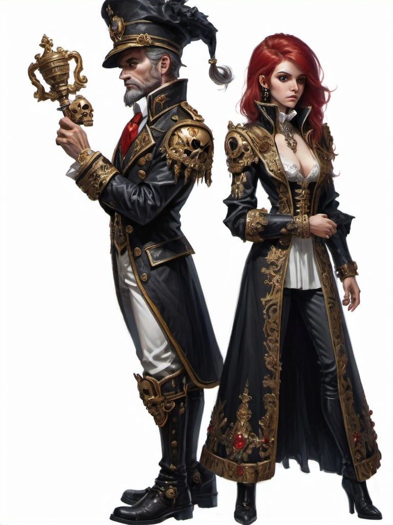 Prompt: (full-body) oil painting of male and female gnome Warhammer 40k noble in ornate well-appointed royal palace, dark moody atmospheric lighting, dark gothic fantasy architecture, , highly detailed background, dark gritty tones, highly detailed, professional illustration, painted, art, painterly, impressionist brushwork, the man has a thick black styled hair, medium black styled beard, middle 30ties ((piercing brown eyes)), the girls has a woman face and red hair, a treatening pose and is holding a dagger in one hand and a pistol in the other hand. The man holds a skull in hes hand and is looing at it in a Shakespearean way. dark rich wood, ornate columns, intricate marble flooring, high detailed background, professional, warhammer 40k imperium of man, wh40k, imperial palace, imperium of man aquila decoration, ornate posh royal noble clothes, (ruffled white dress shirt), intricate embroidered black-and-gold cravat necktie, fancy ((black fur mantle) with animal head), ornate noble's black (great-cloak), fancy ornate jeweled rings, fancy gold coat-of-arms (brooch), intricately embroidered (red waistcoat), ornate fancy noble's (trench-coat), (Valeriy Vegera art style), ((highly detailed facial features)), royal epic stately standing pose, ornate fancy gold jeweled rings on fingers, 