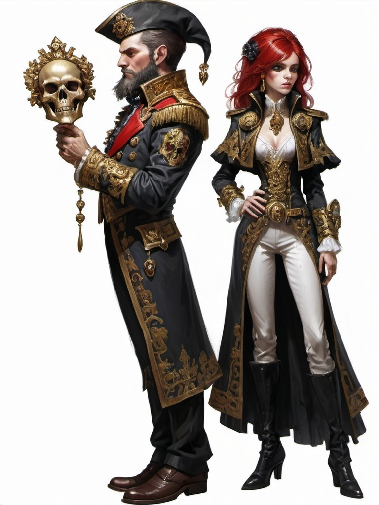 Prompt: (full-body) oil painting of male and female gnome Warhammer 40k noble in ornate well-appointed royal palace, dark moody atmospheric lighting, dark gothic fantasy architecture, , highly detailed background, dark gritty tones, highly detailed, professional illustration, painted, art, painterly, impressionist brushwork, the man has a thick black styled hair, medium black styled beard, middle 30ties ((piercing brown eyes)), the girls has a woman face and red hair, a treatening pose and is holding a dagger in one hand and a pistol in the other hand. The man holds a skull in hes hand and is looing at it in a Shakespearean way. dark rich wood, ornate columns, intricate marble flooring, high detailed background, professional, warhammer 40k imperium of man, wh40k, imperial palace, imperium of man aquila decoration, ornate posh royal noble clothes, (ruffled white dress shirt), intricate embroidered black-and-gold cravat necktie, fancy ((black fur mantle) with animal head), ornate noble's black (great-cloak), fancy ornate jeweled rings, fancy gold coat-of-arms (brooch), intricately embroidered (red waistcoat), ornate fancy noble's (trench-coat), (Valeriy Vegera art style), ((highly detailed facial features)), royal epic stately standing pose, ornate fancy gold jeweled rings on fingers, 