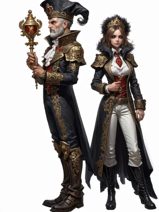 Prompt: (full-body) oil painting of male and female gnome Warhammer 40k noble in ornate well-appointed royal palace, dark moody atmospheric lighting, dark gothic fantasy architecture, , highly detailed background, dark gritty tones, highly detailed, professional illustration, painted, art, painterly, impressionist brushwork, thick brown styled hair, full brown styled beard, ((piercing brown eyes)), dark rich wood, ornate columns, intricate marble flooring, high detailed background, professional, warhammer 40k imperium of man, wh40k, imperial palace, imperium of man aquila decoration, ornate posh royal noble clothes, (ruffled white dress shirt), intricate embroidered black-and-gold cravat necktie, fancy ((black fur mantle) with animal head), ornate noble's black (great-cloak), fancy ornate jeweled rings, fancy gold coat-of-arms (brooch), intricately embroidered (red waistcoat), ornate fancy noble's (trench-coat), (Valeriy Vegera art style), ((highly detailed facial features)), royal epic stately standing pose, ornate fancy gold jeweled rings on fingers, 