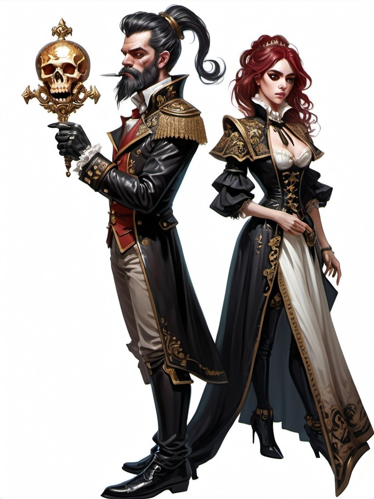 Prompt: (full-body) oil painting of male and female gnome Warhammer 40k noble in ornate well-appointed royal palace, dark moody atmospheric lighting, dark gothic fantasy architecture, , highly detailed background, dark gritty tones, highly detailed, professional illustration, painted, art, painterly, impressionist brushwork, the man has a thick black styled hair, spiked hair, black hair, black beard, medium black styled beard, middle 30ties ((piercing brown eyes)), the girls has a woman face and red hair, a treatening pose and is holding a dagger in one hand and a pistol in the other hand. The man holds a skull in hes hand and is looing at it in a Shakespearean way. dark rich wood, ornate columns, intricate marble flooring, high detailed background, professional, warhammer 40k imperium of man, wh40k, imperial palace, imperium of man aquila decoration, ornate posh royal noble clothes, (ruffled white dress shirt), intricate embroidered black-and-gold cravat necktie, fancy ((black fur mantle) with animal head), ornate noble's black (great-cloak), fancy ornate jeweled rings, fancy gold coat-of-arms (brooch), intricately embroidered (red waistcoat), ornate fancy noble's (trench-coat), (Valeriy Vegera art style), ((highly detailed facial features)), royal epic stately standing pose, ornate fancy gold jeweled rings on fingers, 