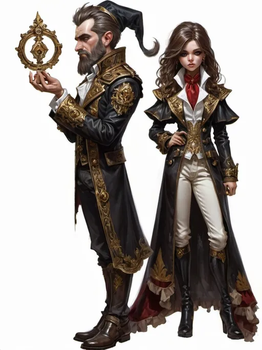 Prompt: (full-body) oil painting of male and female gnome Warhammer 40k noble in ornate well-appointed royal palace, dark moody atmospheric lighting, dark gothic fantasy architecture, , highly detailed background, dark gritty tones, highly detailed, professional illustration, painted, art, painterly, impressionist brushwork, thick brown styled hair, full brown styled beard, ((piercing brown eyes)), dark rich wood, ornate columns, intricate marble flooring, high detailed background, professional, warhammer 40k imperium of man, wh40k, imperial palace, imperium of man aquila decoration, ornate posh royal noble clothes, (ruffled white dress shirt), intricate embroidered black-and-gold cravat necktie, fancy ((black fur mantle) with animal head), ornate noble's black (great-cloak), fancy ornate jeweled rings, fancy gold coat-of-arms (brooch), intricately embroidered (red waistcoat), ornate fancy noble's (trench-coat), (Valeriy Vegera art style), ((highly detailed facial features)), royal epic stately standing pose, ornate fancy gold jeweled rings on fingers, 