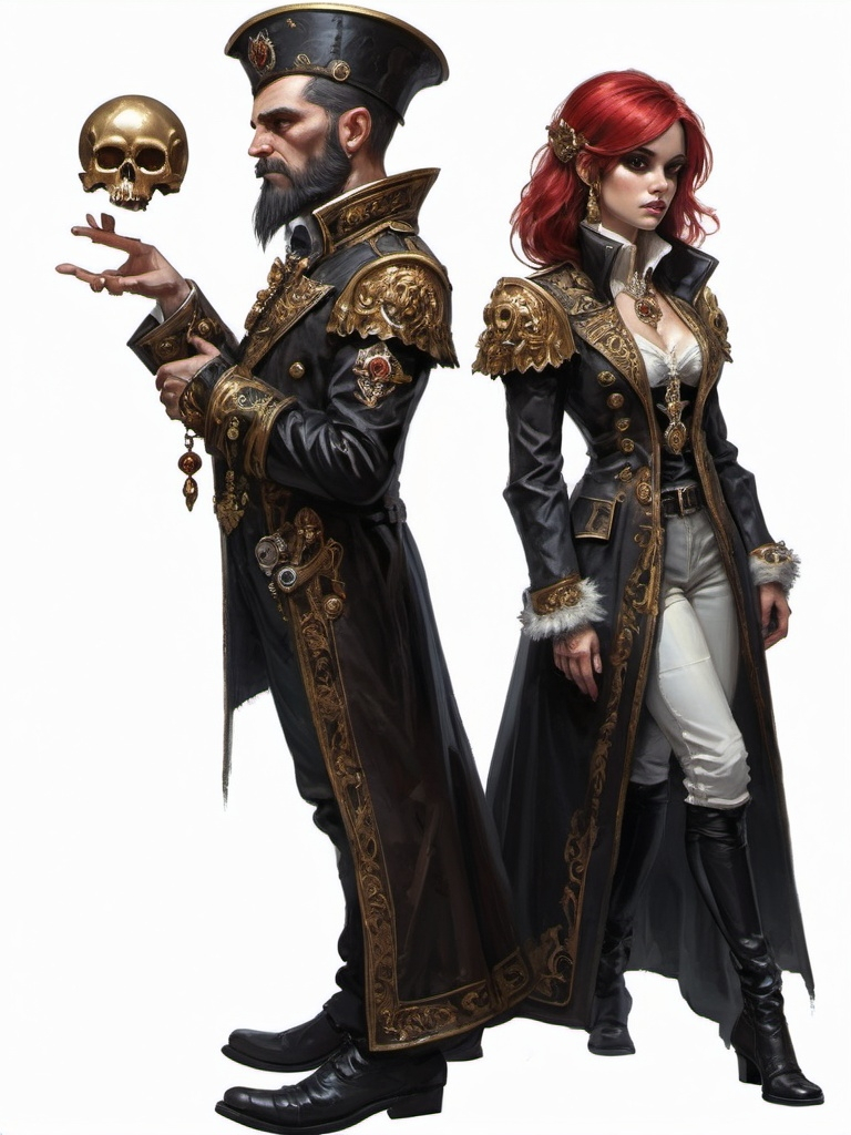 Prompt: (full-body) oil painting of male and female gnome Warhammer 40k noble in ornate well-appointed royal palace, dark moody atmospheric lighting, dark gothic fantasy architecture, , highly detailed background, dark gritty tones, highly detailed, professional illustration, painted, art, painterly, impressionist brushwork, the man has a thick black styled hair, medium black styled beard, middle 30ties ((piercing brown eyes)), the girls has a woman face and red hair, a treatening pose and is holding a dagger in one hand and a pistol in the other hand. The man holds a skull in hes hand and is looing at it in a Shakespearean way. dark rich wood, ornate columns, intricate marble flooring, high detailed background, professional, warhammer 40k imperium of man, wh40k, imperial palace, imperium of man aquila decoration, ornate posh royal noble clothes, (ruffled white dress shirt), intricate embroidered black-and-gold cravat necktie, fancy ((black fur mantle) with animal head), ornate noble's black (great-cloak), fancy ornate jeweled rings, fancy gold coat-of-arms (brooch), intricately embroidered (red waistcoat), ornate fancy noble's (trench-coat), (Valeriy Vegera art style), ((highly detailed facial features)), royal epic stately standing pose, ornate fancy gold jeweled rings on fingers, 