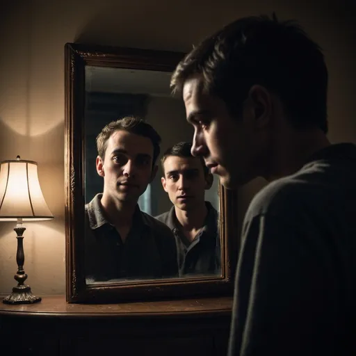 Prompt: Illustrate a close-up of the mirror’s surface, showing the reflections of the friends. Behind them, a dark, indistinct shadowy figure stands, its presence creating a stark contrast to the otherwise empty room.