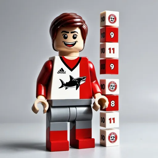 Prompt: Crea una imagen tipo LEGO de jugadores de futbol tiburones  con camisa de rayas verticales  blancas y rojas con un letrero que dice 100 años