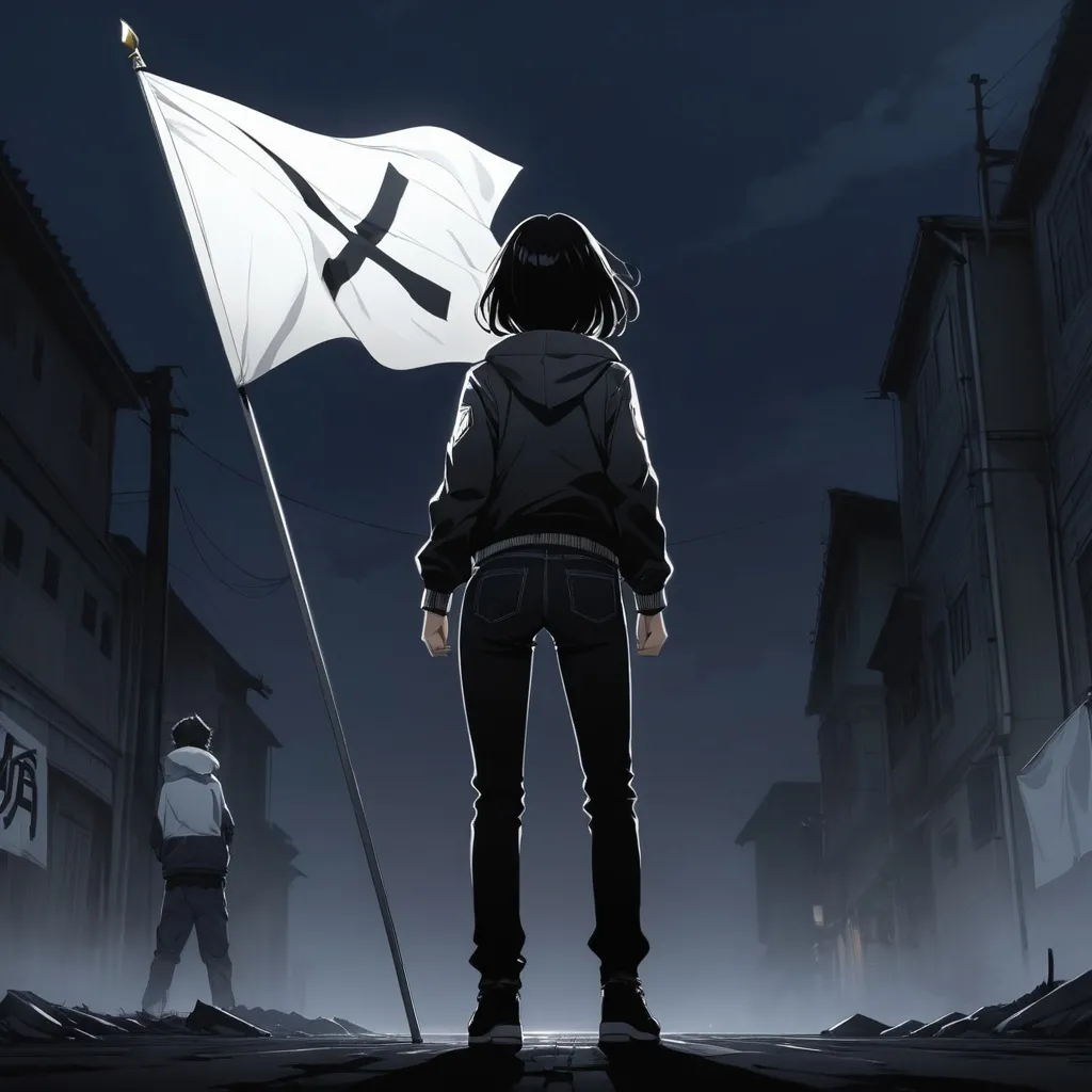 Prompt: 2d dark j horror anime style, woman, wearing pants and mans jacket, back view, waiving a white flag, anime scene