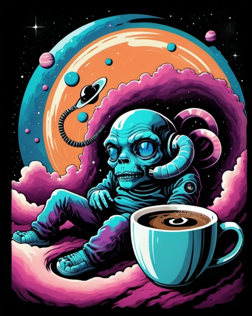 Prompt: Surreal creature lounging in space, ignoring a ringing phone shaped like Earth, sipping coffee from a galaxy mug, vapor wave color palette with Surreal Pop Art style added