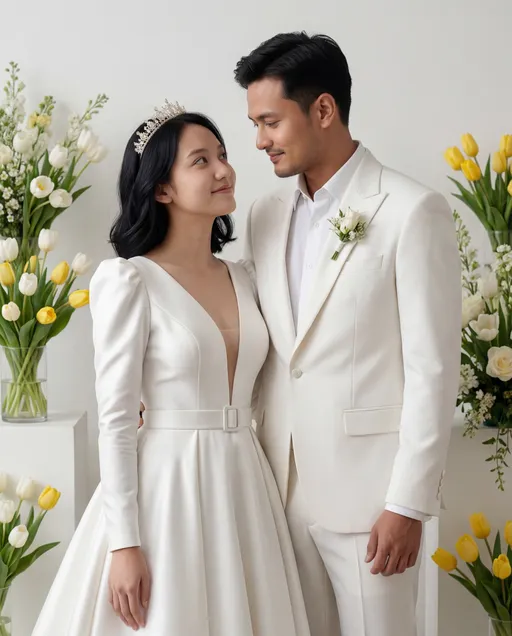 Prompt: 4K resolution, realistic wedding photography.
Single image, aspect ratio 4:5 (portrait).
Use @rOtz5oiCKy4v50unQzUb and @E0JuibdStboJJra2HFbe as STRICT identity anchors.
Do not change facial structure, skin tone, hairstyle, or age of both people.
A simple and intimate wedding photo of a husband and wife.
 @rOtz5oiCKy4v50unQzUb is wearing wedding crown, gown @image_vb9D_1vO_1767680286208_1024 .
 @E0JuibdStboJJra2HFbe is wearing maching color white with @image_vb9D_1vO_1767680286208_1024 groom tuxedo.
No dramatic cinematic lighting.
Pose: standing close together, romantic and natural.
Soft smiles, gentle expression.
Not fashion editorial, not magazine-style.
Background: studio wedding set up backdrop with white and yellow tulip flower decoration.
Soft, natural lighting.
This photo is intended to be framed and placed inside a home.
Clean, realistic, timeless wedding photo.