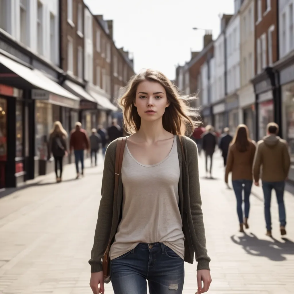 Prompt: Tall young woman walking down the high street, detailed clothing, realistic, natural lighting