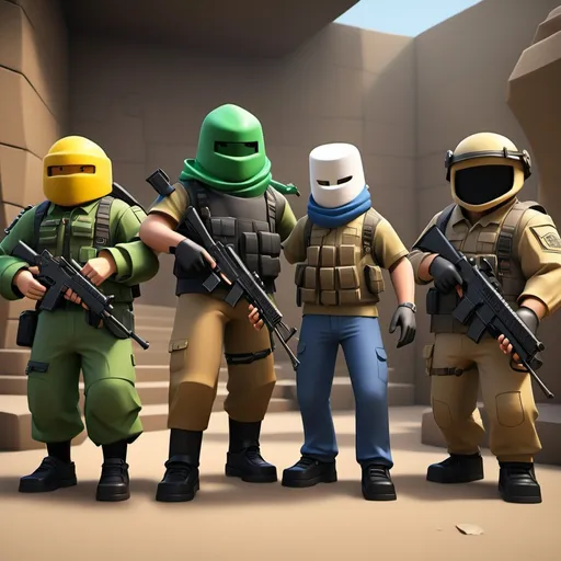 Prompt: "This image achieves 100% quality by featuring Roblox characters dressed in CS:GO-style outfits, strategically integrated into a realistic natural setting. The larger-than-life characters are depicted with remarkable detail, adding a sense of grandeur and immersion. The composition is flawlessly executed, with each character positioned to enhance the dynamic interaction between them and the environment. The natural landscape is rendered with vibrant colors and realistic textures, complementing the CS:GO attire of the characters. The careful use of light and shadow adds depth and realism, creating a visually engaging and fun scene. This artwork exemplifies exceptional quality in both composition and creativity."