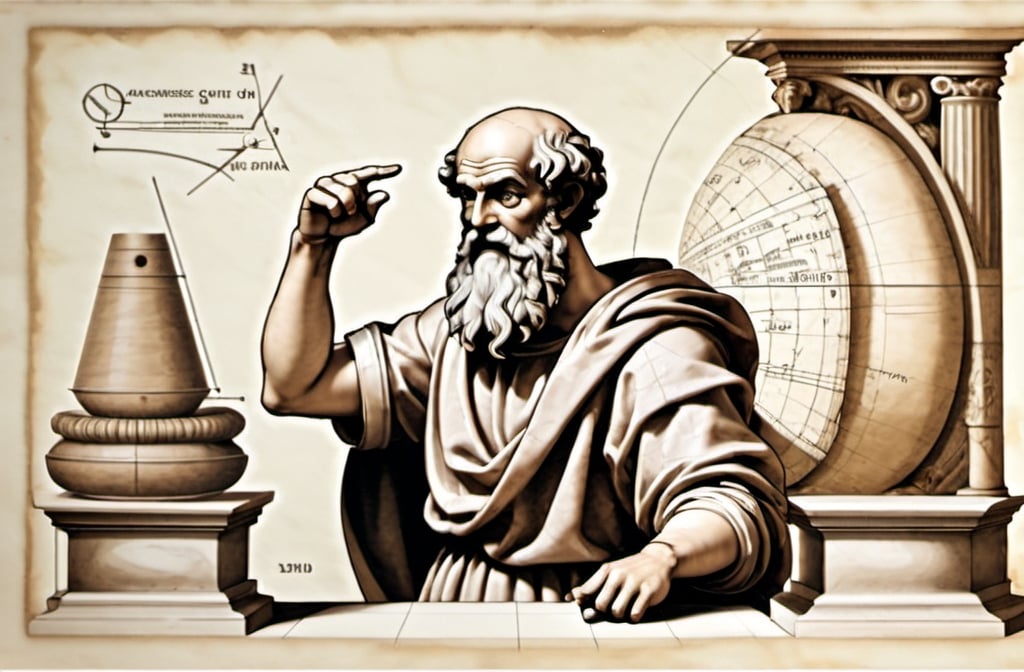 Prompt: archimedes pointing with his finger to the left