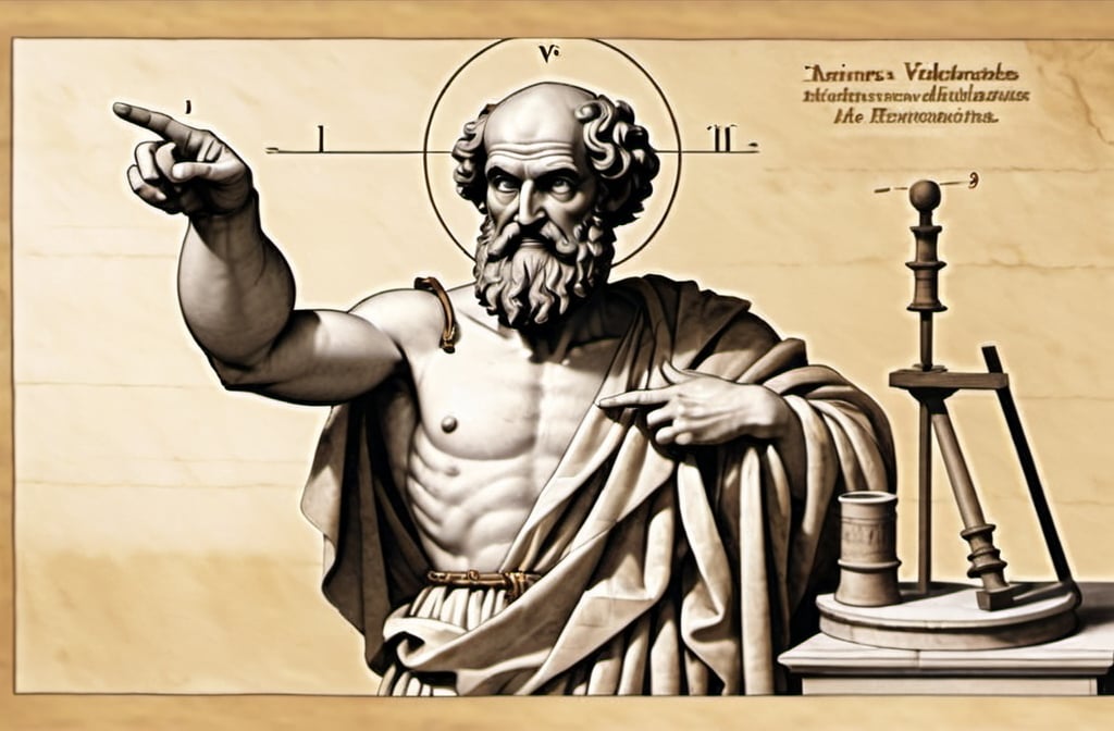 Prompt: archimedes pointing with his finger to the left