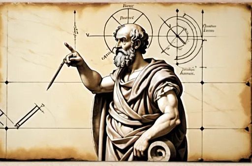 Prompt: archimedes pointing with his finger to the left