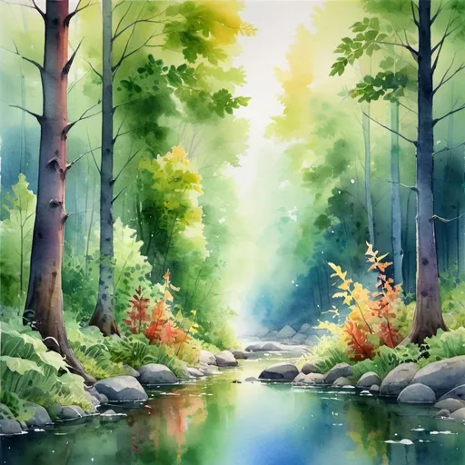 Prompt: Watercolor painting of a serene forest, vibrant and translucent colors, detailed leaves and foliage, high quality, realistic, peaceful, nature, watercolor, vibrant colors, detailed foliage, peaceful atmosphere