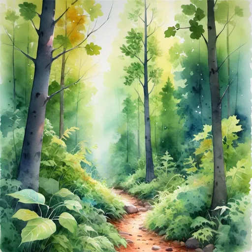 Prompt: Watercolor painting of a serene forest, vibrant and translucent colors, detailed leaves and foliage, high quality, realistic, peaceful, nature, watercolor, vibrant colors, detailed foliage, peaceful atmosphere