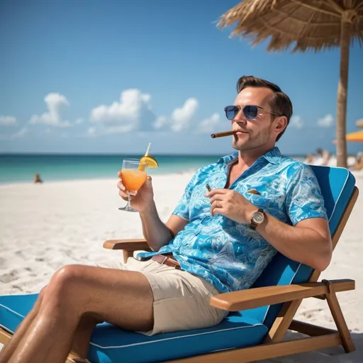 Prompt: Man relaxing on a sunbed at a Florida beach, wearing a patterned blue short-sleeved shirt (open front) and sea shorts, enjoying a cocktail and smoking a cigar, high quality, realistic, vibrant, beach scene, leisurely atmosphere, detailed clothing, refreshing drink, relaxed pose, sunny and warm lighting