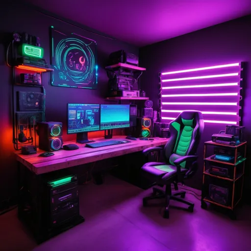Prompt: Podcast room very geek and creative, with colorful led lights, gadgets, desktop for production in a cyberpunk color palette 