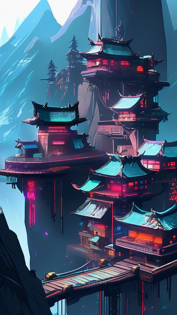 Prompt: cyberpunk realm mountain town 
