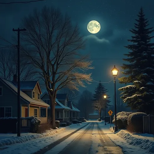 Prompt: Calle Derecha       Árbol
                   (al frente)                      |
                             |
                      [Esquina

Estrellas brillando
                          Luna en forma de ojo arriba
                                      
                Árbol      Casa       Calle Izquierda 1       Árbol
                   |        |                 |                 |
Calle Atrás Izq <--+--------+-----------------+-----------------+--> Calle Atrás Der
                   |        |                 |                 |
                Árbol      Casa       Calle Izquierda 2       Árbol
                             |
                             |
                         Tú aquí (de espaldas)
                             |
                             |
        Árbol       Casa       Calle Derecha       Árbol
                   (al frente)                      |
                             |
                      [Esquina con apartamento]
                             |
                        Mundo flotando
                          Vacío abajo
1:00 AM
fresh ambiental
Falling leaves
Night light around street lamps
Snow