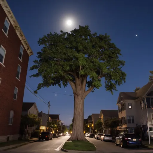 Prompt:  Calle Derecha       Árbol
                   (al frente)                      |
                             |
                      [EsquinaEstrellas brillando
                          Luna en forma de "ojo" arriba
                                      
                Árbol      Casa       Calle Izquierda 1       Árbol
                   |        |                 |                 |
Calle Atrás Izq <--+--------+-----------------+-----------------+--> Calle Atrás Der
                   |        |                 |                 |
                Árbol      Casa       Calle Izquierda 2       Árbol
                             |
                             |
                         Tú aquí (de espaldas)
                             |
                             |
        Árbol       Casa       Calle Derecha       Árbol
                   (al frente)                      |
                             |
                      [Esquina con apartamento]
                             |
                        Mundo flotando
                          Vacío abajo

1:00 AM
Snow
Personaje mirando al frente con una chaqueta 
Hojas callendo 
Luz nocturna callejeras
Night 