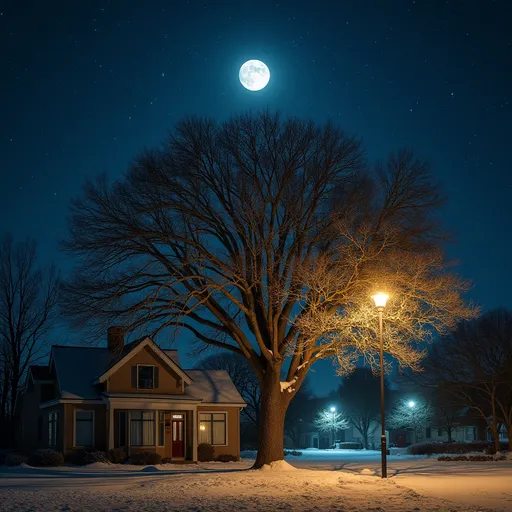 Prompt: Calle Derecha       Árbol
                   (al frente)                      |
                             |
                      [Esquina

Estrellas brillando
                          Luna en forma de ojo arriba
                                      
                Árbol      Casa       Calle Izquierda 1       Árbol
                   |        |                 |                 |
Calle Atrás Izq <--+--------+-----------------+-----------------+--> Calle Atrás Der
                   |        |                 |                 |
                Árbol      Casa       Calle Izquierda 2       Árbol
                             |
                             |
                         Tú aquí (de espaldas)
                             |
                             |
        Árbol       Casa       Calle Derecha       Árbol
                   (al frente)                      |
                             |
                      [Esquina con apartamento]
                             |
                        Mundo flotando
                          Vacío abajo
1:00 AM
fresh ambiental
Falling leaves
Night light around street lamps
Snow