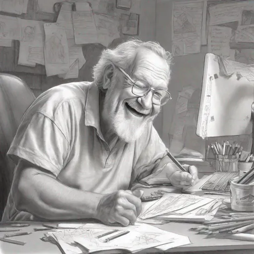 Prompt: Pencil drawing of an older, a little heavy and goofy POD artist with a thin goatee, happily drawing with a pencil at a desk with computer cluttered with lots of crayons and notes.