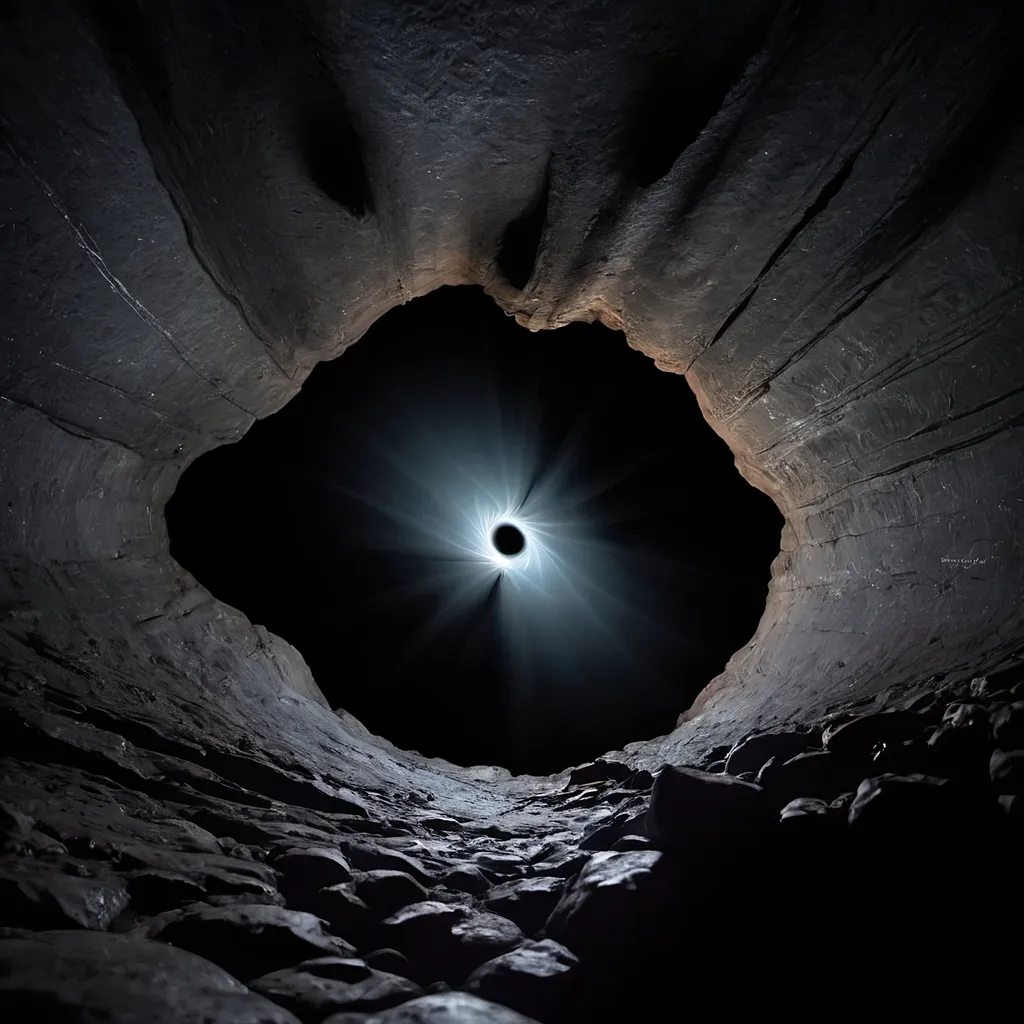 Prompt: a little black hole inside at the center of a dark cave