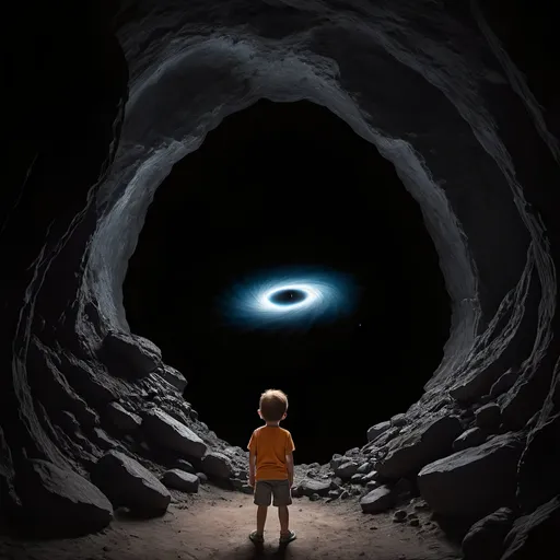 Prompt: a little kid watching a black hole at the center of a dark cave
