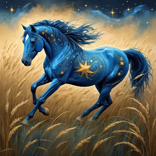 Prompt: an oniric blue horse with skin of stars running in a meadow of tall golden grass