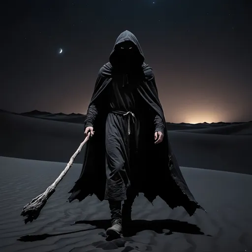Prompt: a hooded man in a torn black cloak holding a stick walking in a black iron sand desert at night